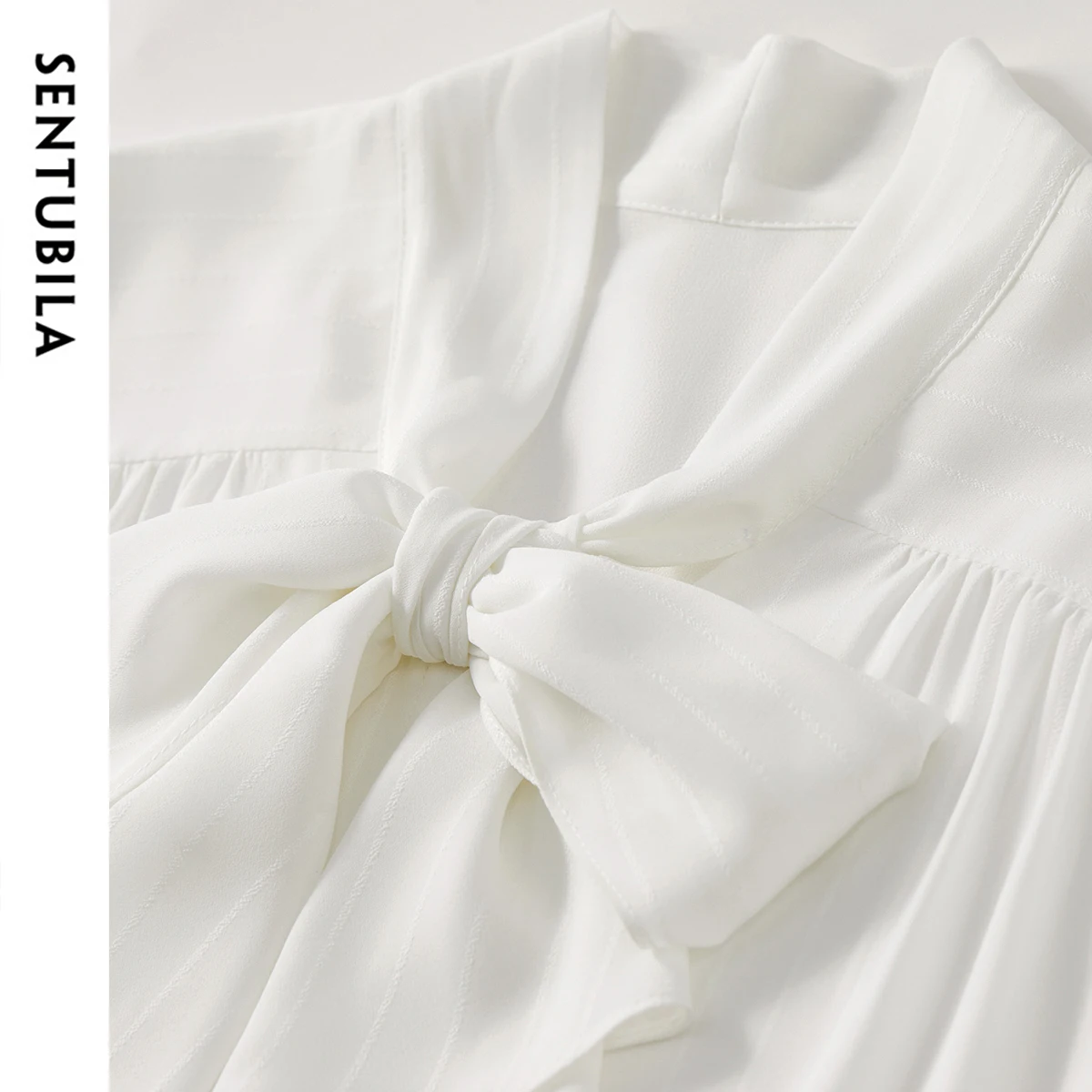 SENTUBILA White Women Shirt Spring 2025 Chiffon Lace-up Straight Office Lady Solid Folds Long Sleeve Simple Blouses 151V57849