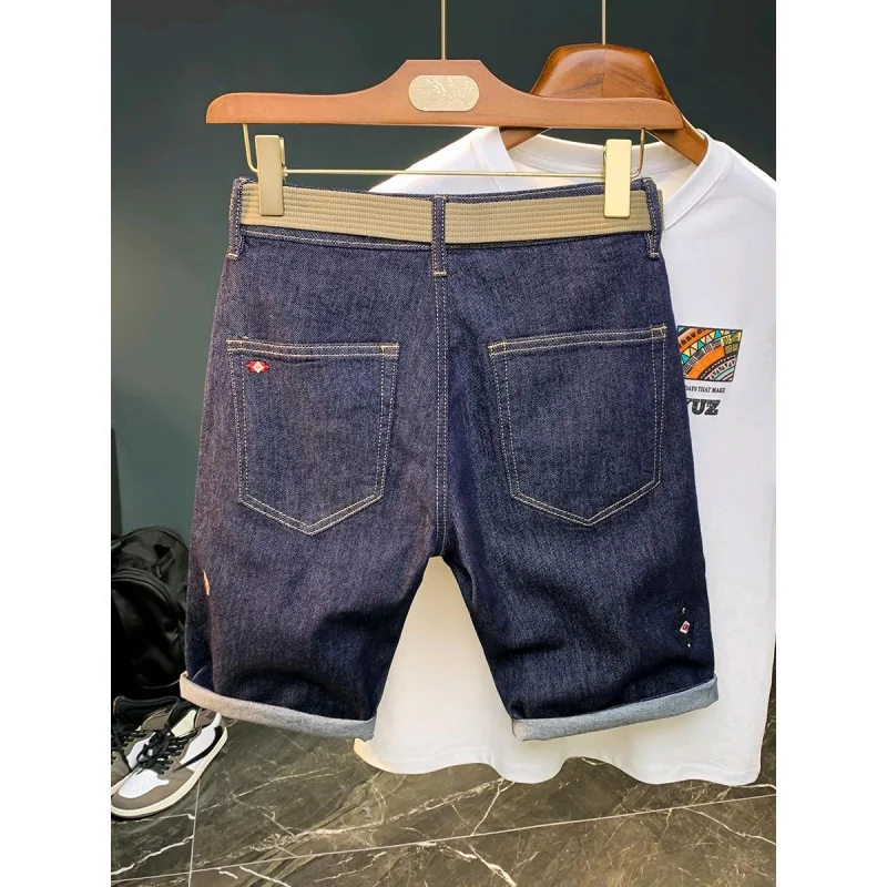 Summer thin denim shorts MEN'S embroidered slim fit elastic trend versatile fashion high-end luxurious straight casual capris