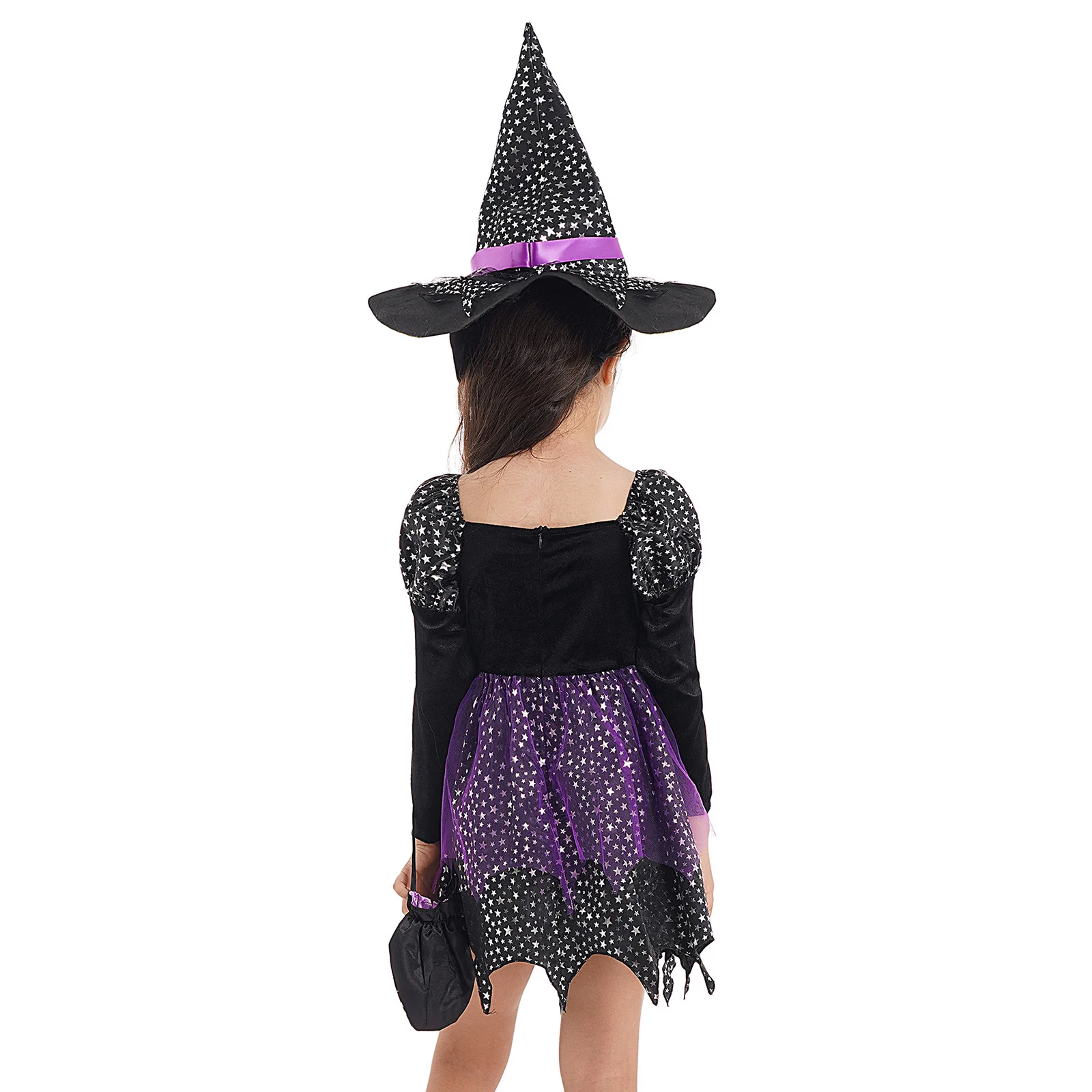 Witch Costume for Girls Kids Halloween Complete Costume Set Carnival Dress Up Glitter Witch Dress with Hat&Wand Candy Bag