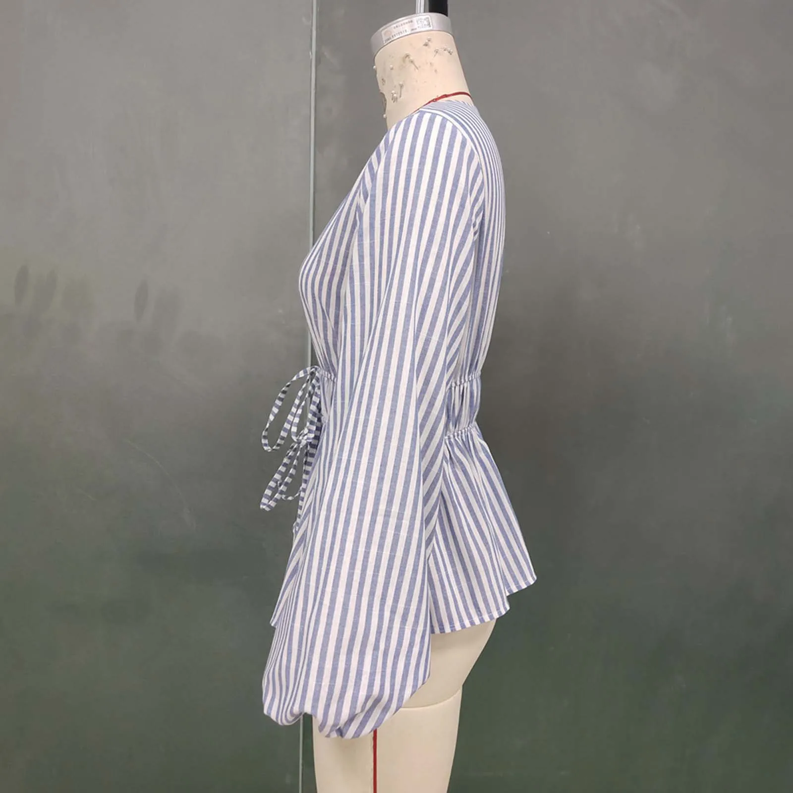 Womens Striped Lace-up Shirt Top Front Open with Double Tying Long Sleeve V Neck Blouse Top for Office Work Daily Vacation