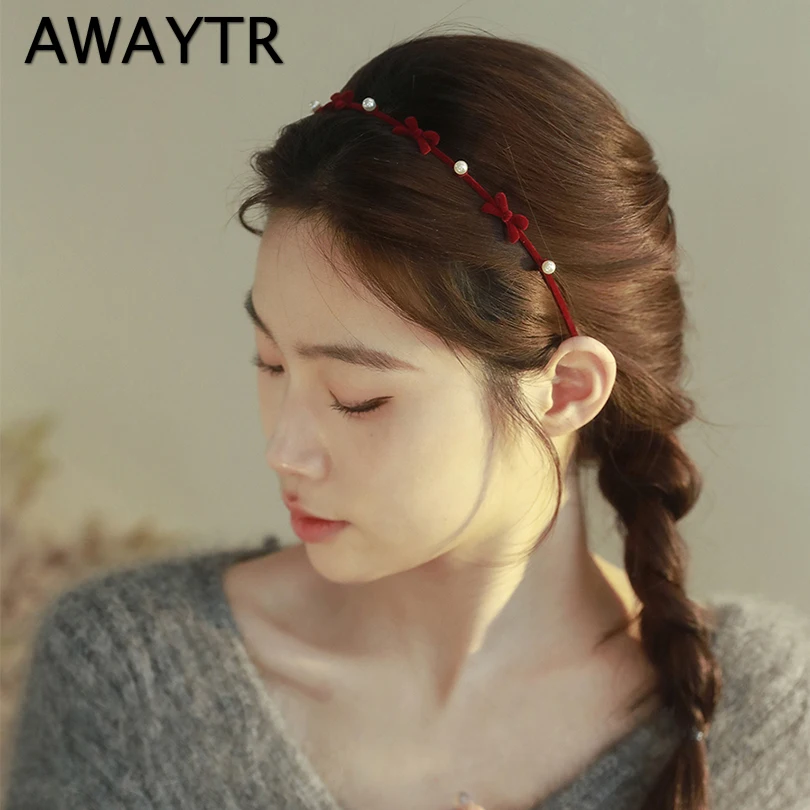 AWAYTR Romantic Bow Hairband Wedding Red Flower Women Hair Hoops Bridals Hairbands Thin Metal Flower Headbands Hair Accessories