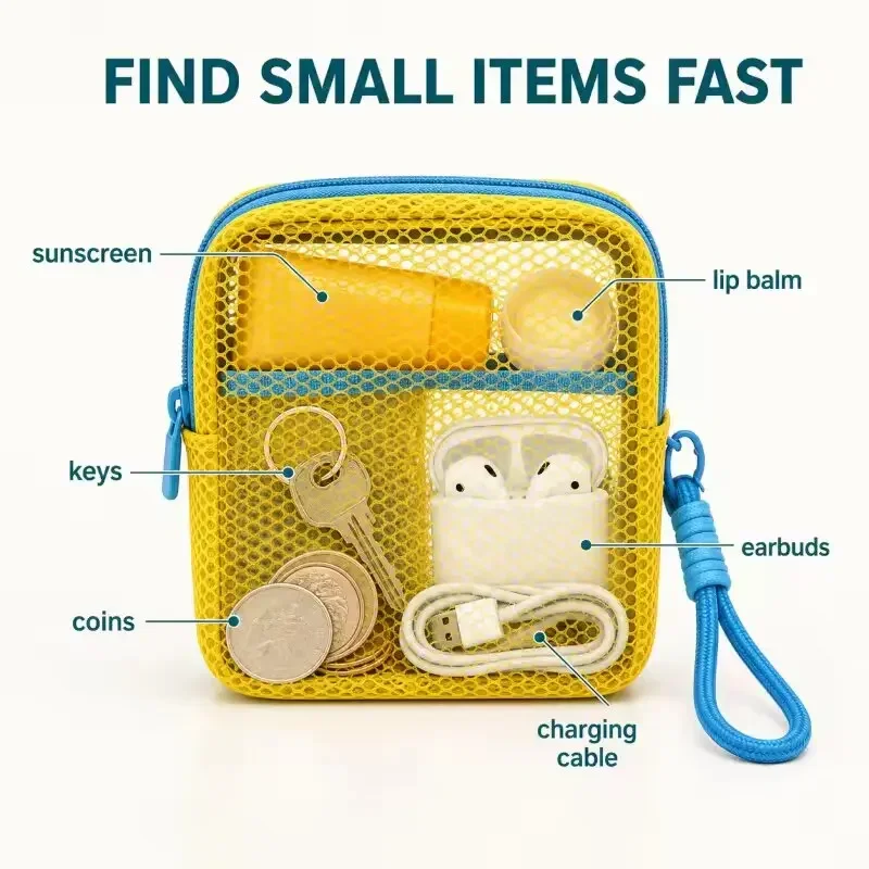 Dopamine Mesh Mini Pouch, Colorful Square Earphone Case, Portable Lipstick Cosmetic Bag, Breathable Toiletry Storage Organizer