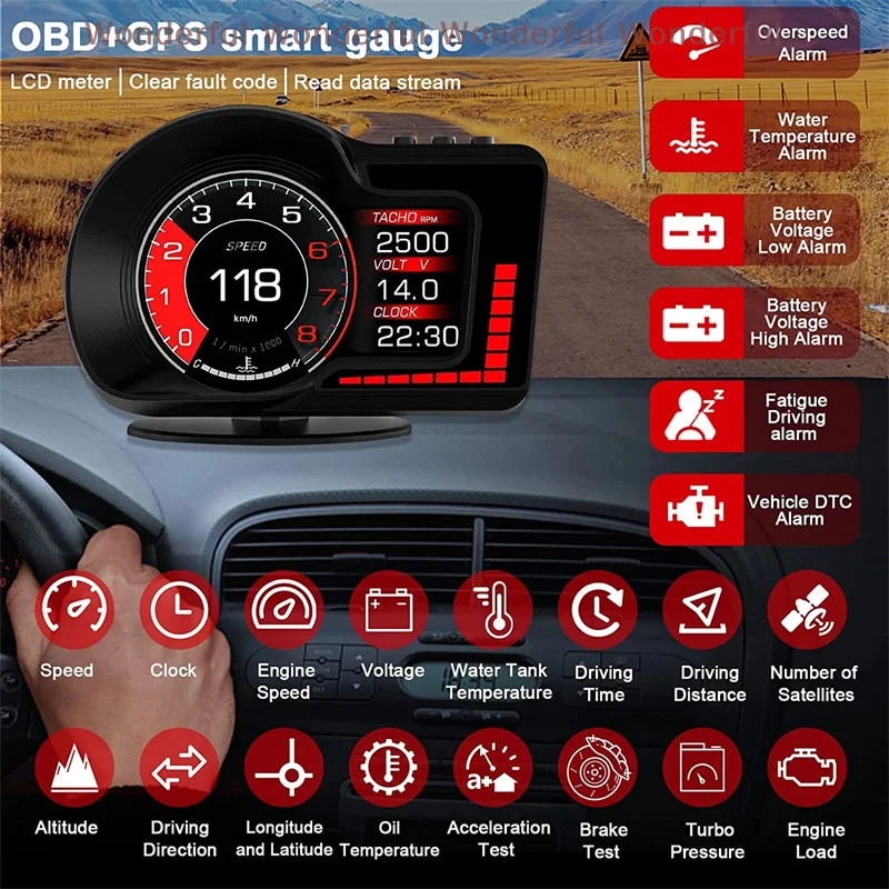 

F15 Car OBD GPS Dual System RPM Gauge Speedometer Milometer HUD Head up Display with 6 Alarm Functions And Accelerated Test