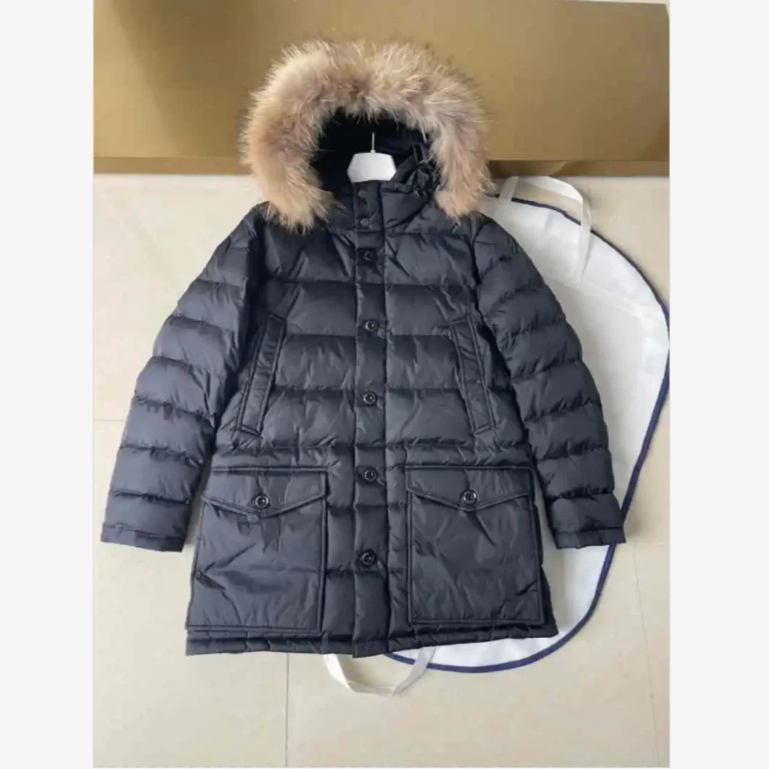 Men's winter medium length down jacket 100% Raccoon Fur 95% white goose down Hooded coat New in 2024 thickening