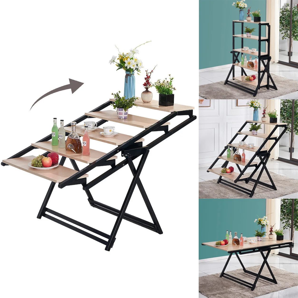 # HOMEMORE Smart Transforming Extendable Convertible Folding Wood Dining Table With Shelf For Hotel Use