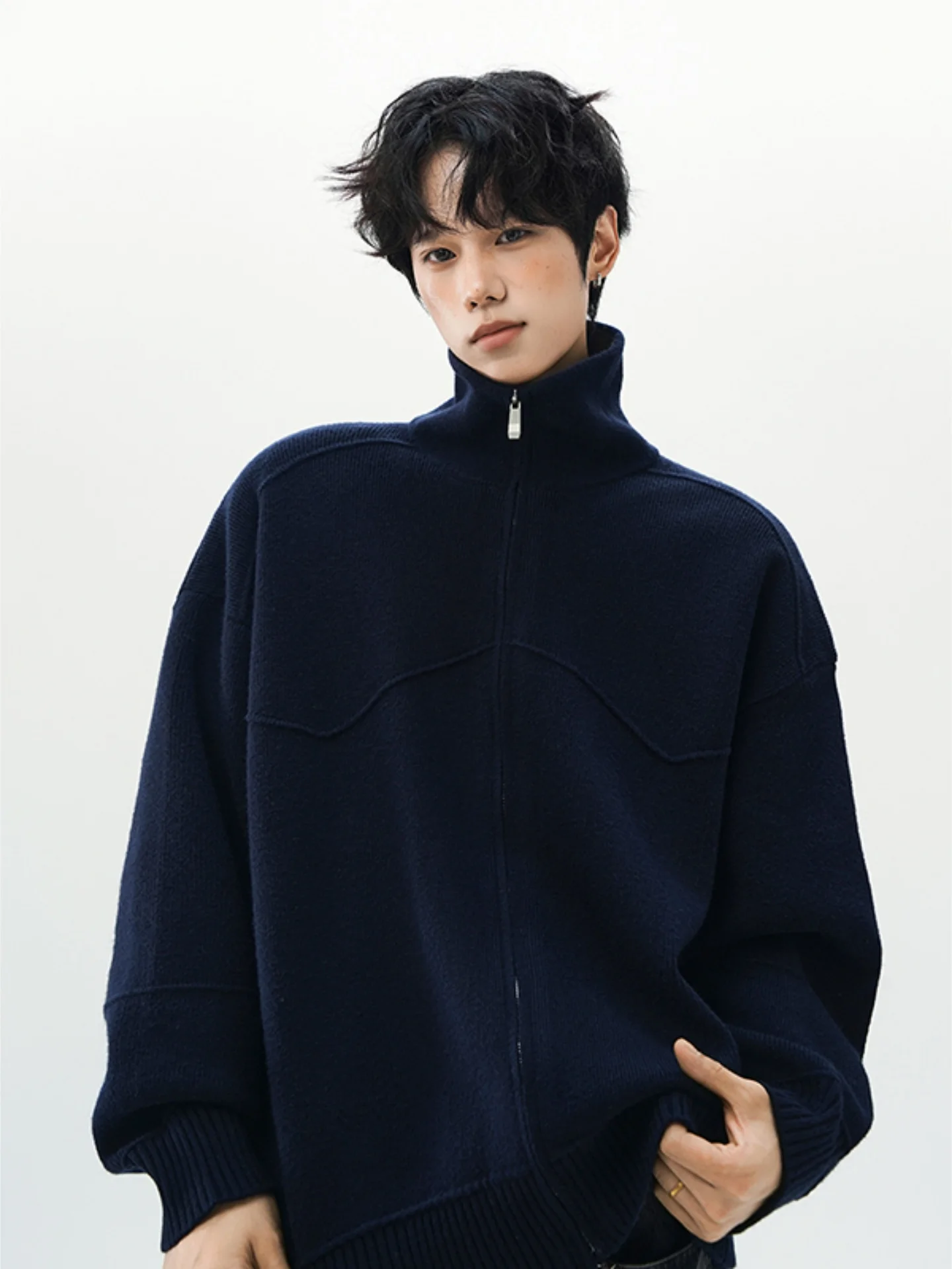 

Мужской вязаный кардиган свободного кроя с воротником-стойкой в винтажном американском стиле, осенний топ на молнии, мягкий и удобный