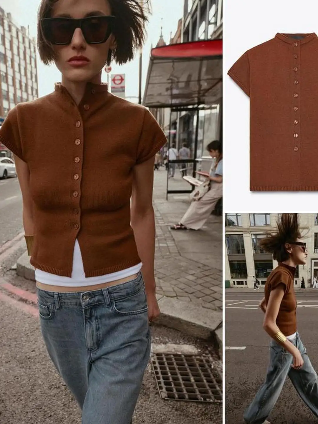 Casual malha svel redondo ne aberto cardigan fino ajuste superior com botão decoração do armazém 25 outono sle 553660