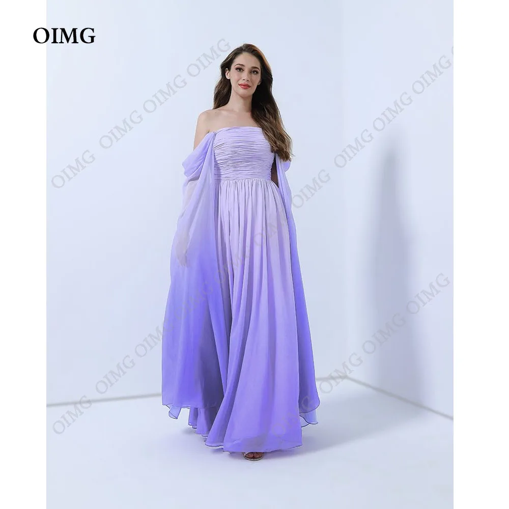 

OIMG Modest Lavender Pleated Evening Dresses Chiffon فساتين A Line Floor Length Formal Party Dress Off Shoulder For Women