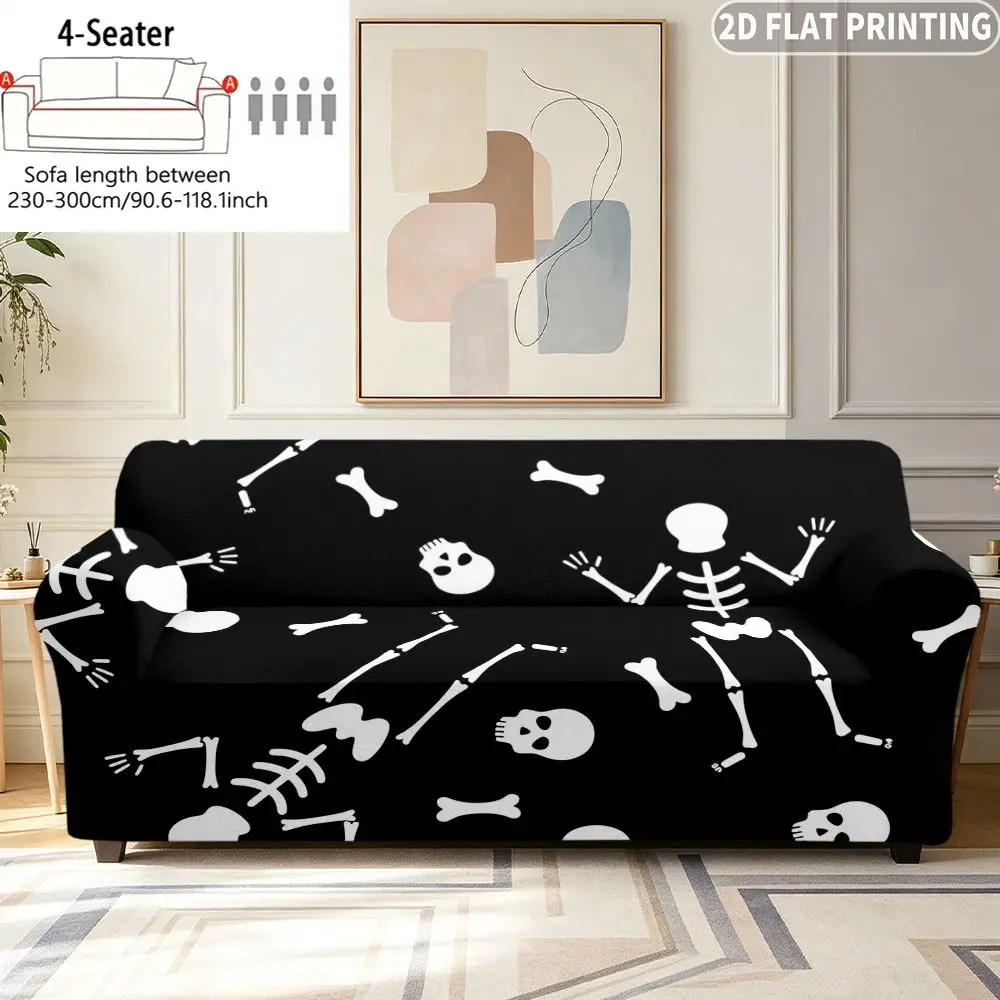 1pc Elastic Sofa Cover White Skeletons And Bones On Black Background,  Single/Double/Three/Four-Person/Sleeper Sofa Halloween