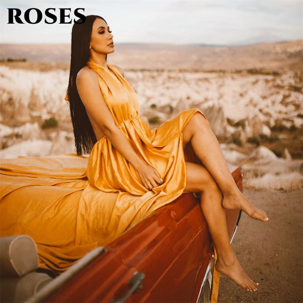 

ROSES Halter Neck Gold Special Occasion Dresses Soft Stain Formal Gown Long Big Train Evening Dresses Custom vestidos de fiesta