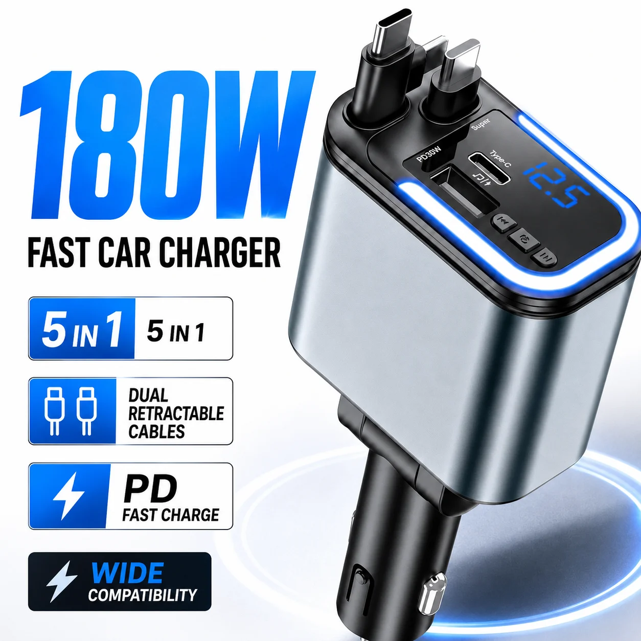 Fast Charging Cable - 180W Car Charger with Dual Retractable