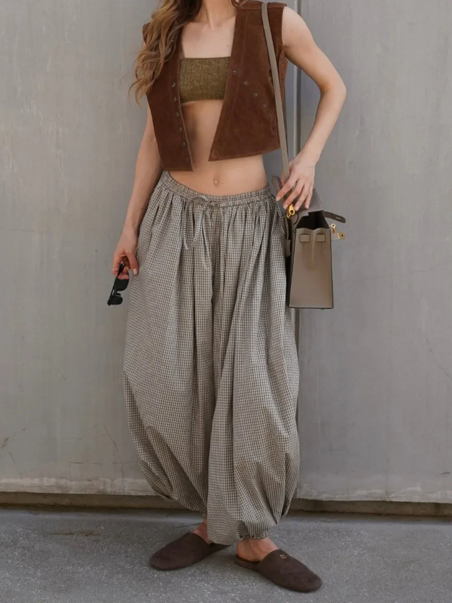 Neue Retro-Braun-Laternenhose für Damen, hohe Taille, trendige, lockere Passform, kariert, Frühling-Sommer-Mode, vielseitige Hose – Detail 17