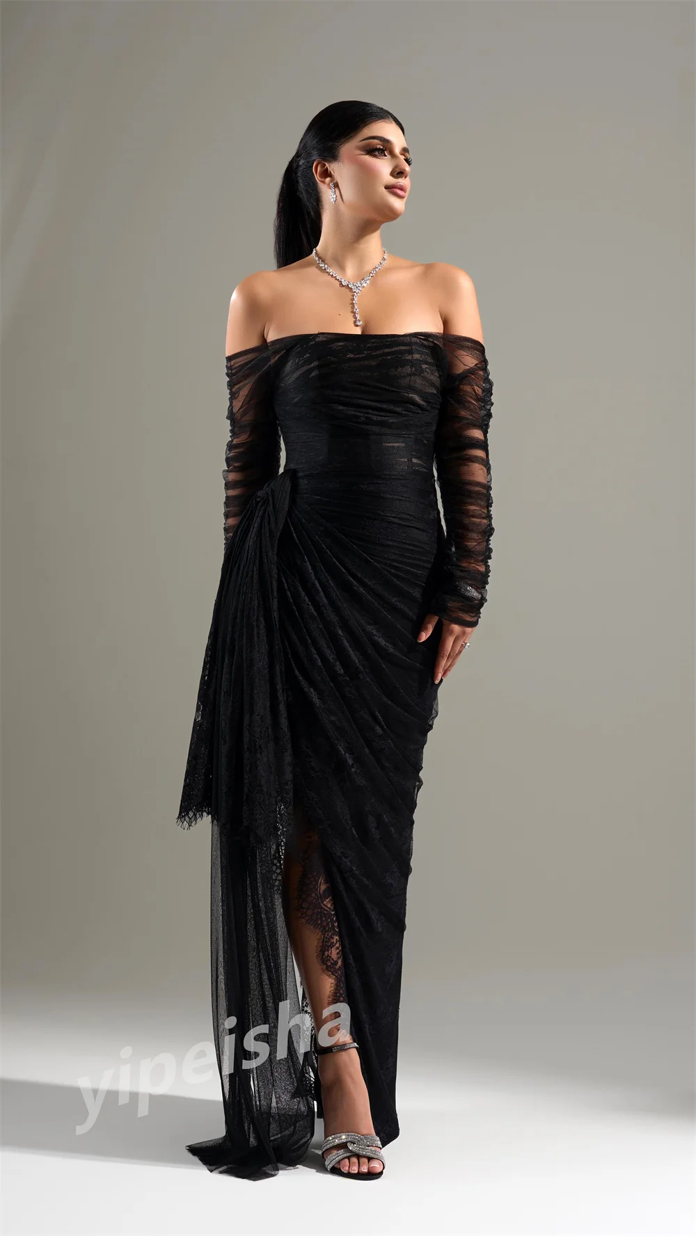 Customized Simple Off-the-shoulder Mermaid Floor Length Evening Dresses Tulle Lace Formal Occasion Gown ladies dresses for speci