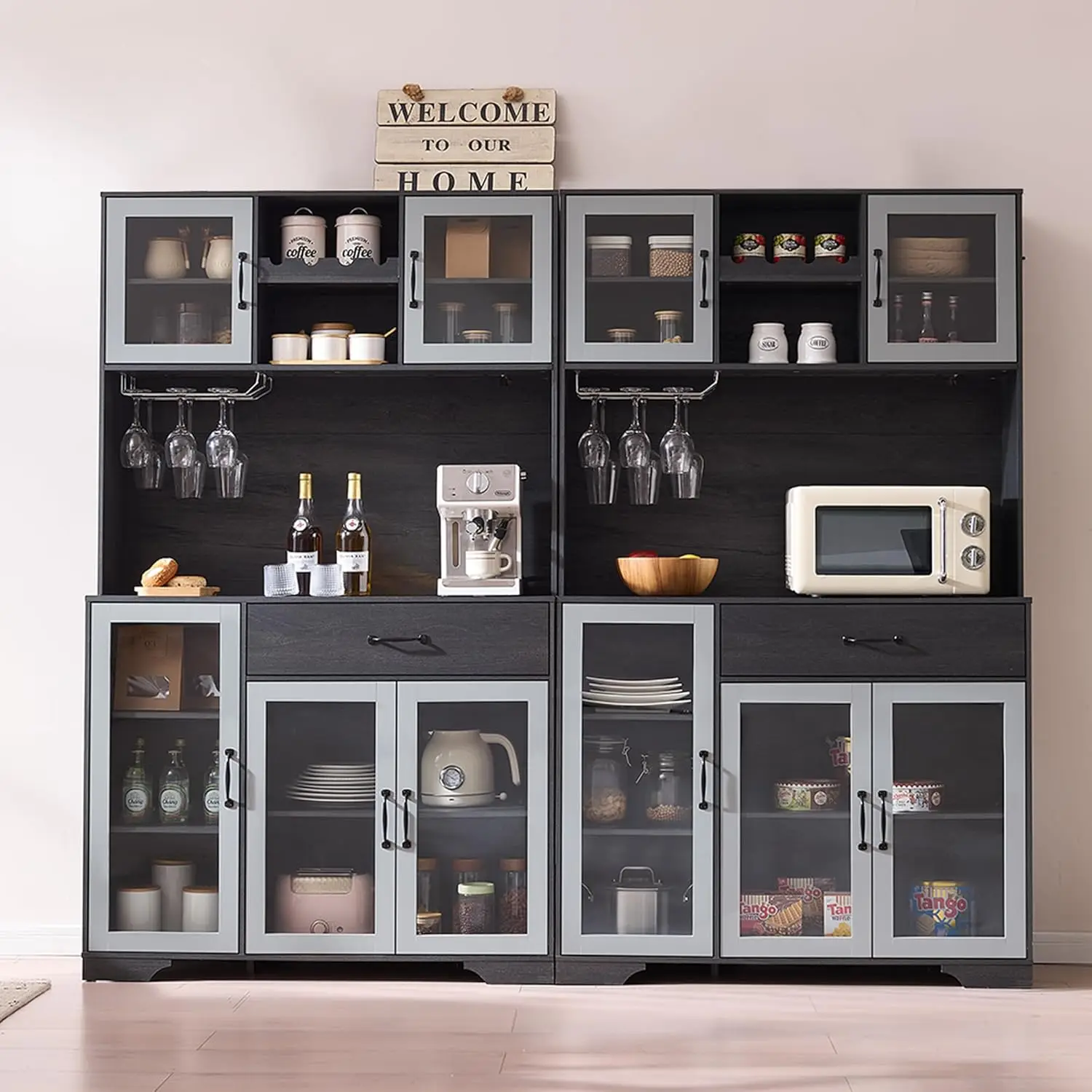 

71" Pantry Cabinet with Wine Rack and Charging Station, Set of 2 Tall Coffee Bar Cabinets with LED Lights, Drawer,, Customized