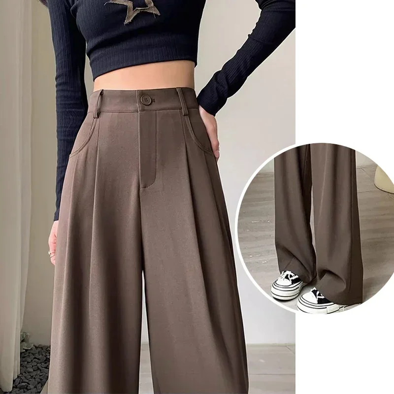 

2024 Women Fashion Suit Pants Lady Comfortable Summer High Waist Wide Leg Autumn Trousers Lady Straight Leg Coffee Classic Pants