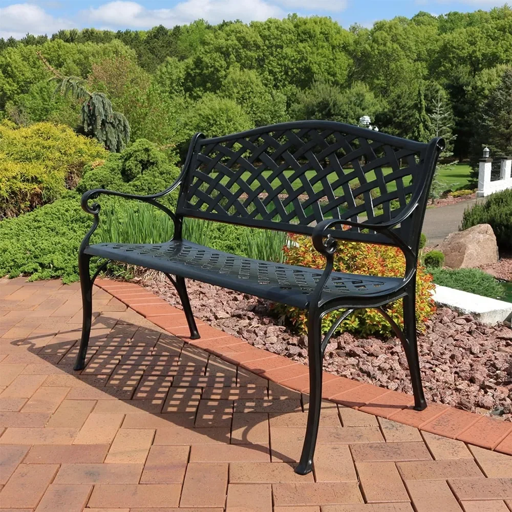 

2-person cast aluminum garden bench with grid design -615 pounds load-bearing capacity black free shipping