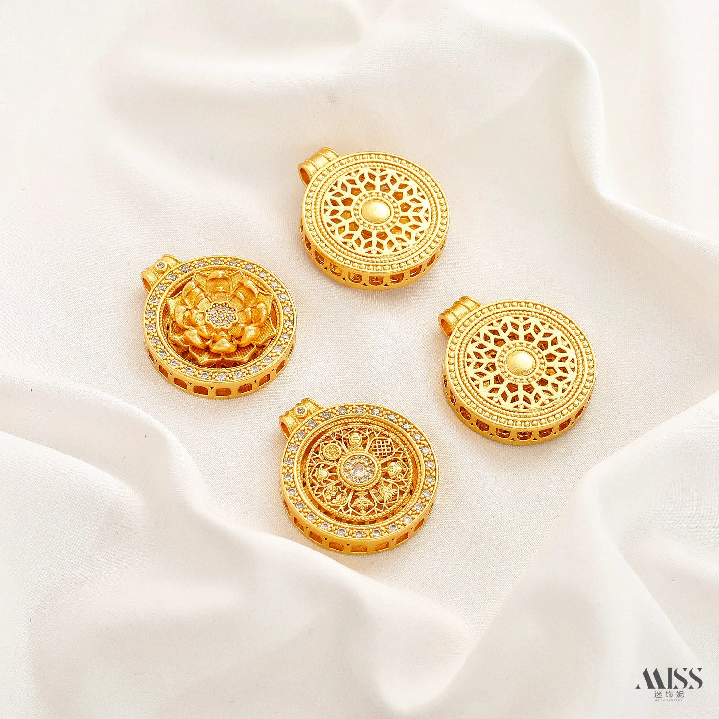 24K Gold Plated Color Retention Rotatable Lotus Eight Treasures Compass Pendants, DIY Necklace Charms