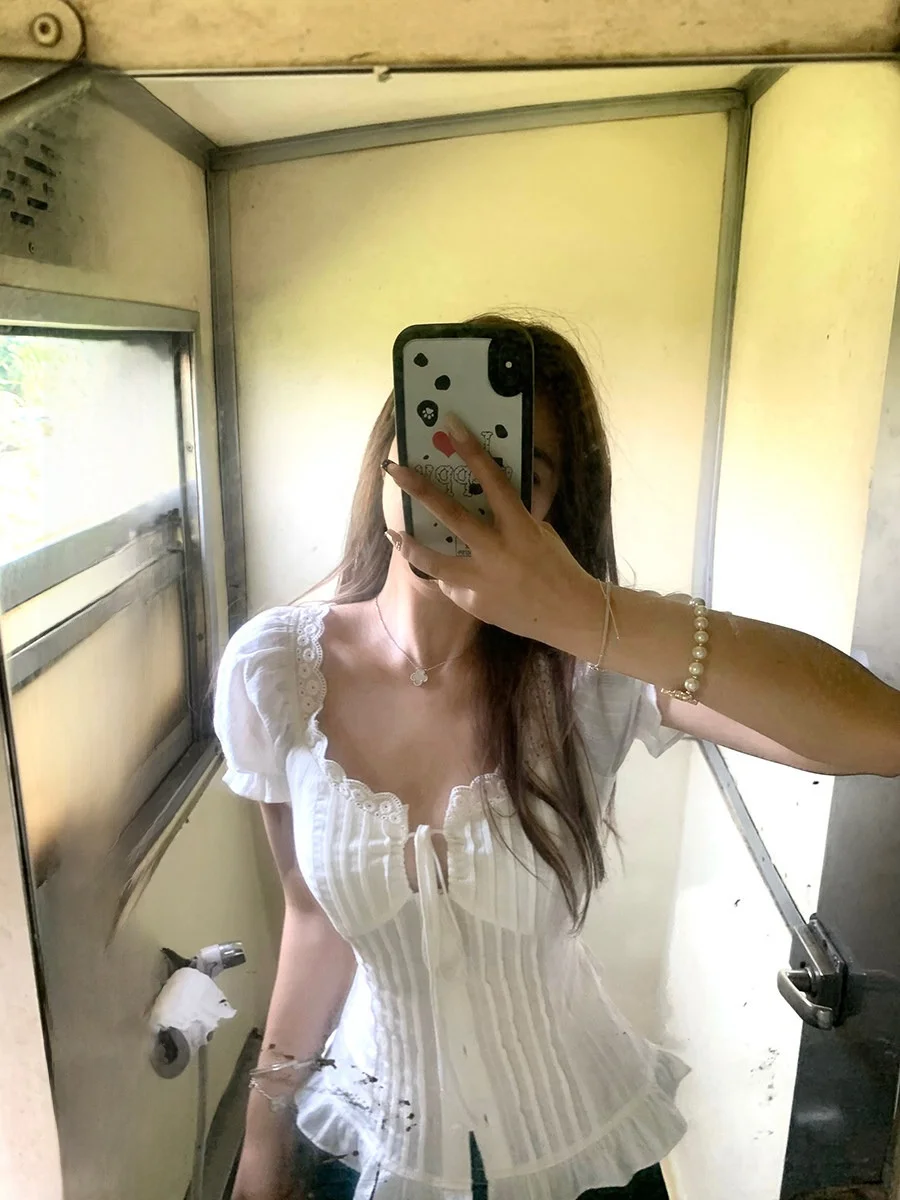 

2toyoung Knot Lace Trim ort Sve Women's irt Summer Bubble Sve Blouse Small Top Korean Sle Pure Cotton B...