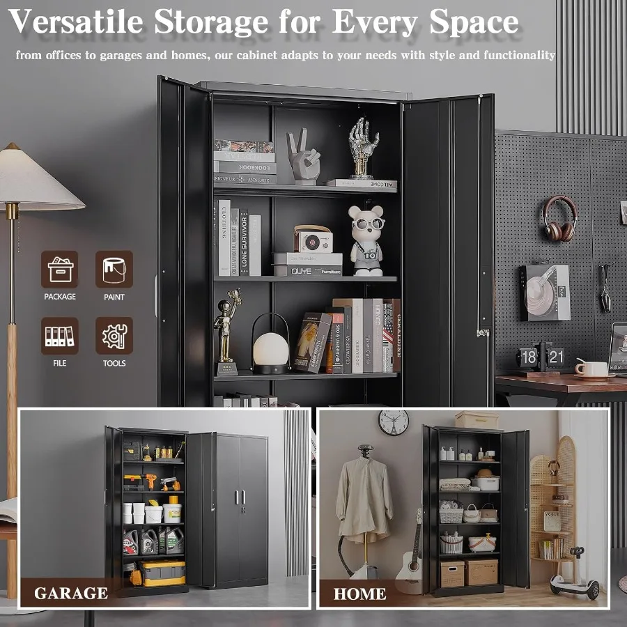 خزانة تخزين معدنية، خزانة مخزن المطبخ، خزانة تخزين مع أبواب ورفوف، أرفف قابلة للتعديل، خزانة تخزين المرآب مع #5