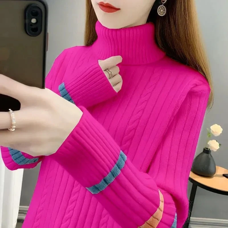 Turtleneck Elastic Sweater Women Autumn Winter Thicken Loose Long sleeved Patchwork Pullovers Warm Women\'s Knitwear Jumper Pull