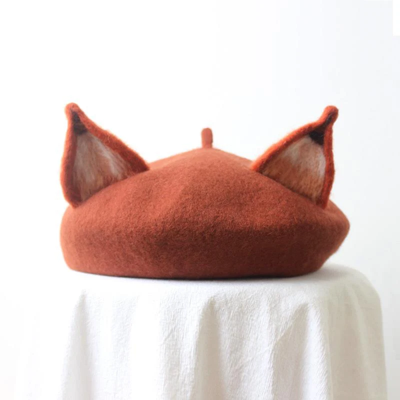 Child Women Handmade Cute Elk Horn Fox Ear Family Beret Hat Deer Antlers Kids Girls Wool Felt Painter Hat