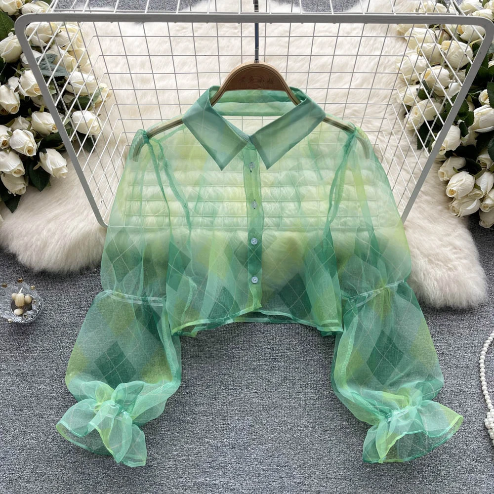 

New Fashion Long-sleeved Shirt Women French Summer Thin Hot Girl Mesh Short Chic Tops See Through Sexy Blouse Clothes J503