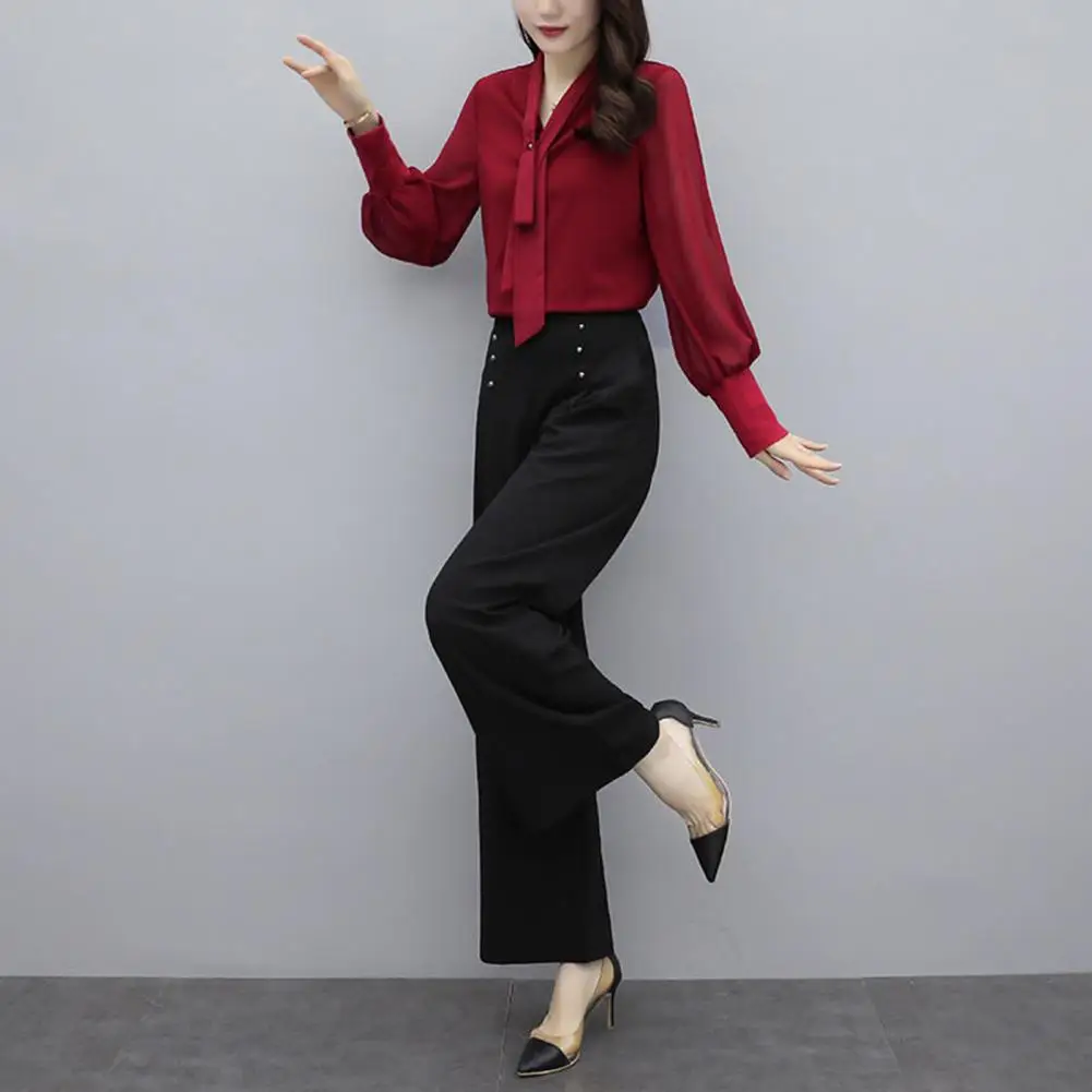 Women Shirt Pants Set Elegant V Neck Lace Up Long Sleeve Shirt Shirt Pants Set High Waist Wide Leg Pants Set Office Ladies Suit