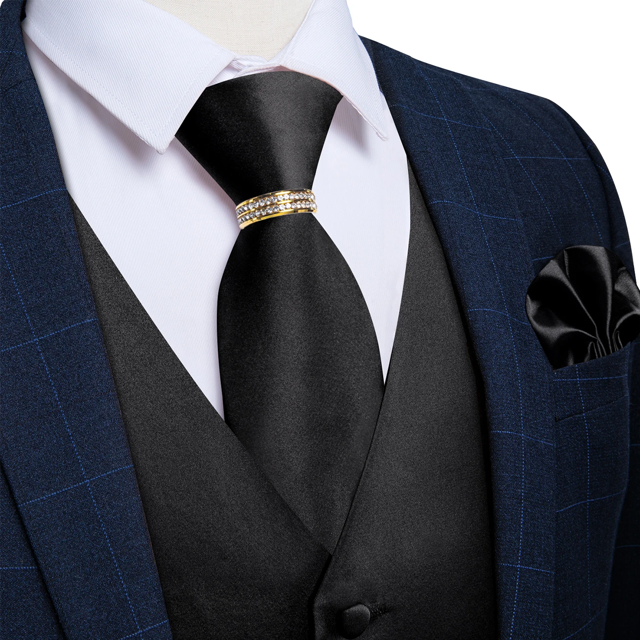

Solid Black Smooth Satin Vest Matching Kit Tie Square Cufflinks Shiny Gold Ring For Funeral Occasion Corporate Ceremony