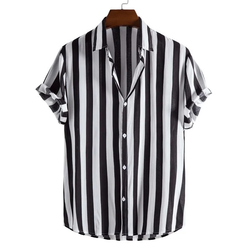 

Foreign Trade Men's Clothing Spring and Summer New Style Men's Digital Printed Striped Hawaiian Lapel Thin Short-Sleeved Shirt for Men