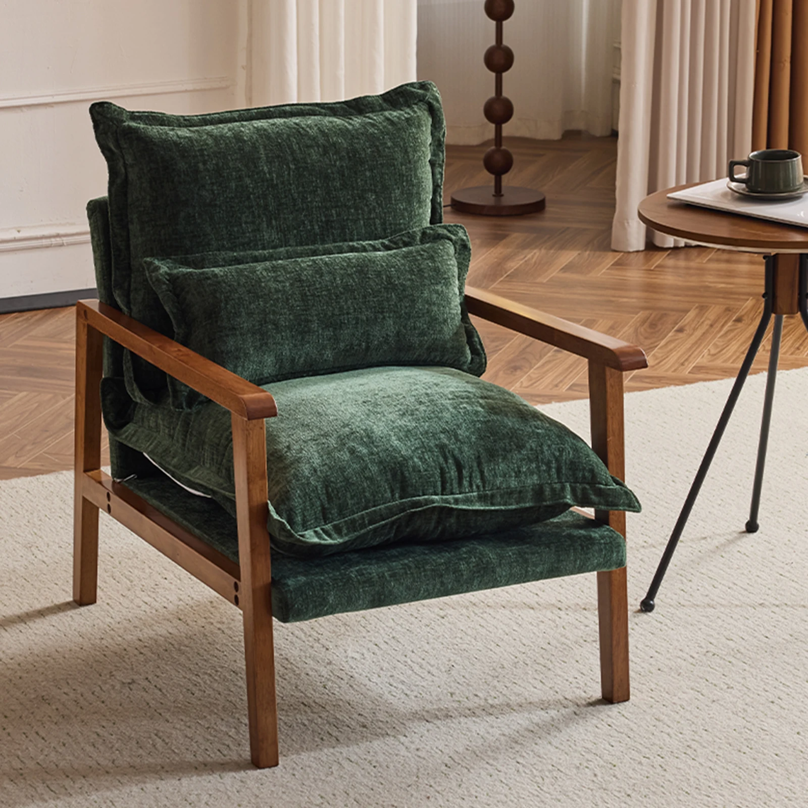 Cloud Shaped Indoor Leisure Chair with Solid Wood Armrest & Solid Wood Frame, Chenille Fabric Accent Chair with Lumbar Pillow, Single Sofa Chair Dark Green