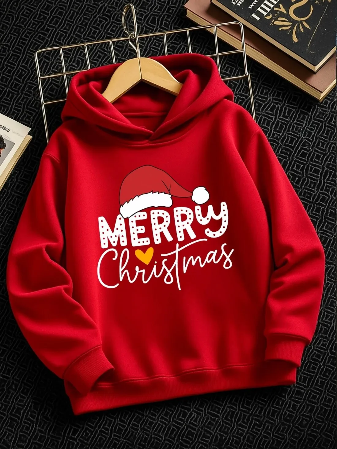 Xmas Santa Hat Kids Hoodie Merry Christmas Letter Heart Holiday Festive Graphic Autumn Winter Fleece Soft Fashion Hoodie