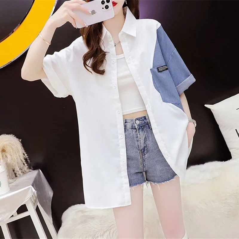 Camicia di jeans patchwork di media lunghezza femminile Primavera Estate Autunno 2025 Nuove donne Top Fashion Camicia resistente al sole Giacca manica corta