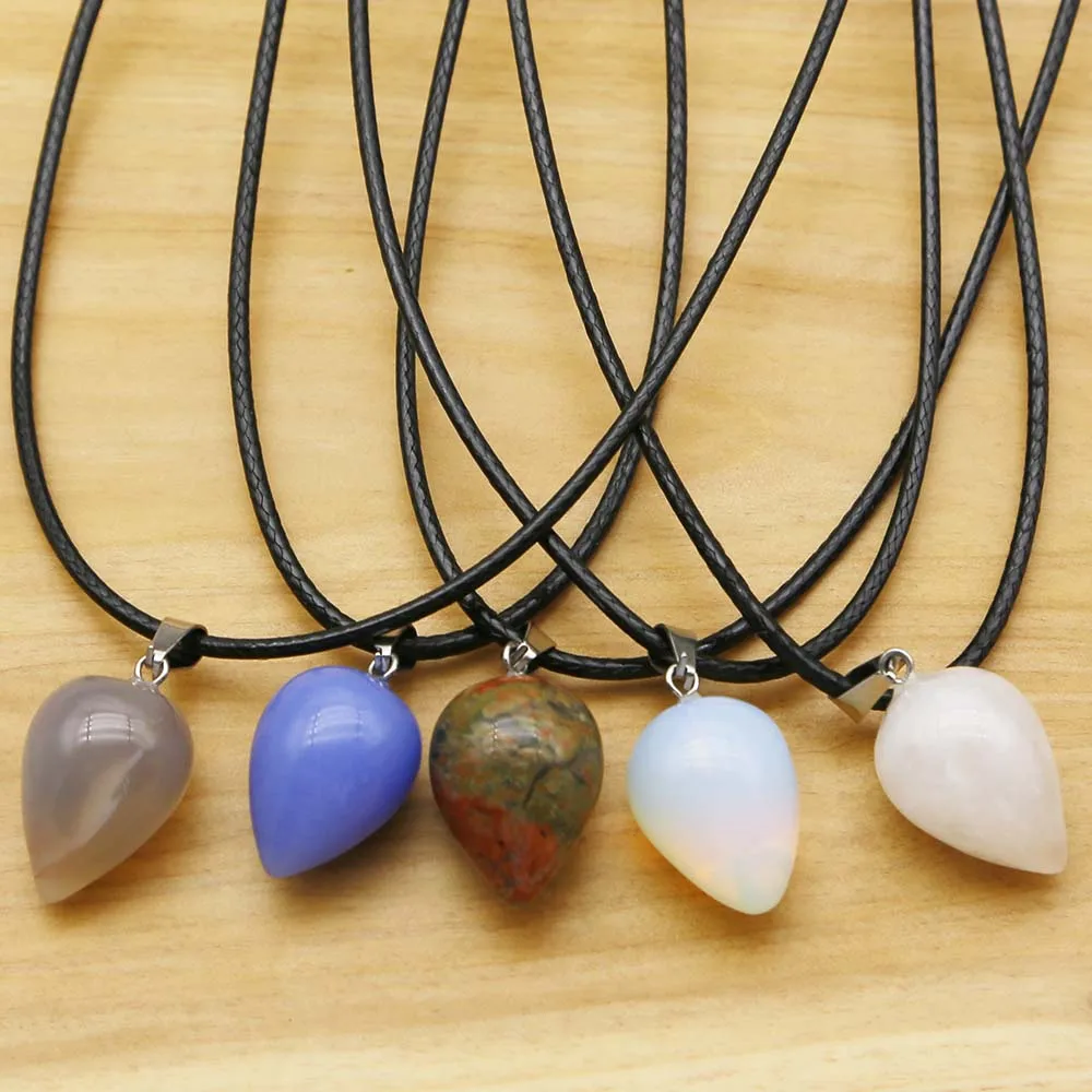 Natural Stone Water Drop Multicolor Leather Rope Necklace Pendant Reiki Charm Jewelry Accessories Wholesale Festival Gifts 10PCS
