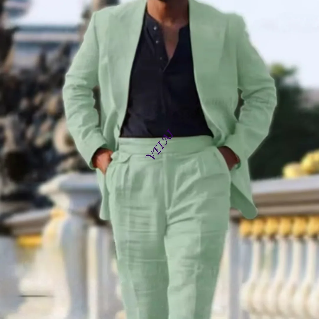 

CustomizedClassic Summer Linen Suit Sets For Men Smart Casual Blazer And Pants 2 Pieces Formal Evening Fashion Slim Fit Suit Att