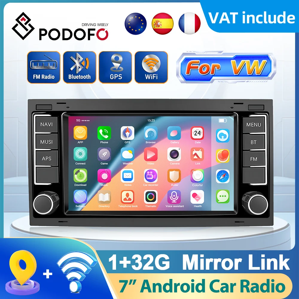 Podofo 2din 7”Android Car Radio For Volkswagen Touareg Transporter Ts Multivan Carplay autoradio WIFI Navigation Head Unit