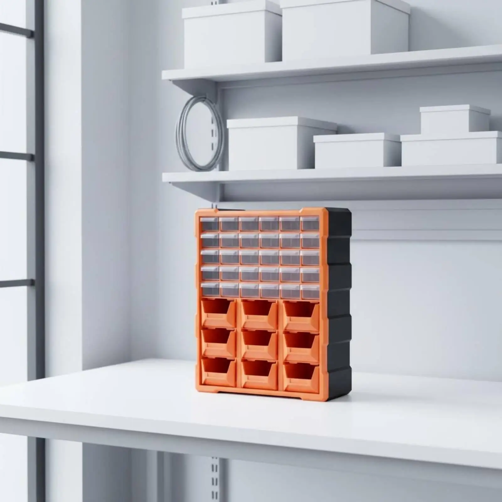 Desktop Component Organizer Cabinet with Labeled Drawers for Fasteners and Mixed Hardware Storage