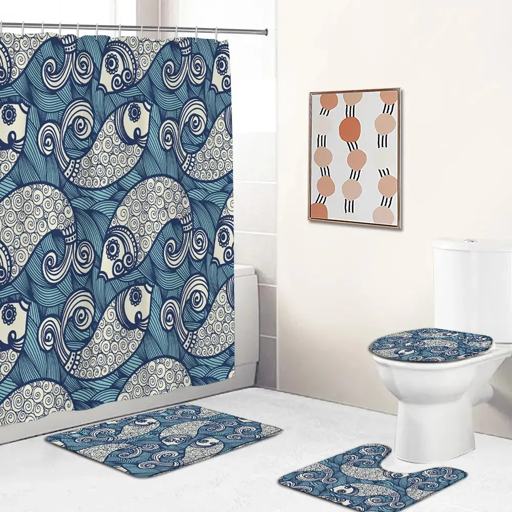 Koi Japanese Style Shower Curtain Set Carp Red Fish Pond Lotus Flower Cherry Blossom Bathtub Mat Home Carpet Toilet Lid Cover