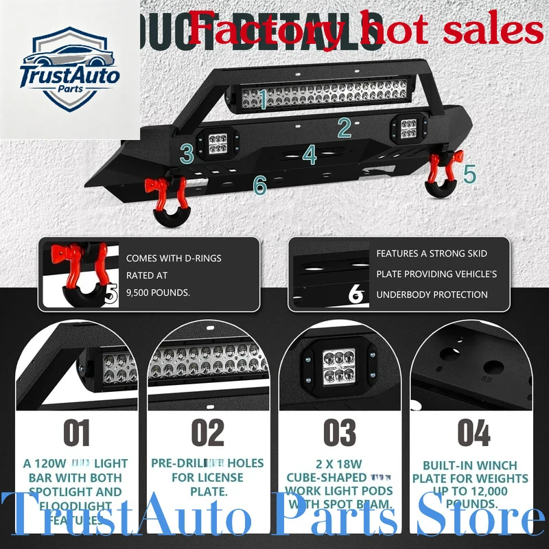 TrustAuto Parts Store Is Having A Hot SaleHigh Quality Stubby Front Bumper With Winch Skid Plate LED Lights D-Rings Fit -