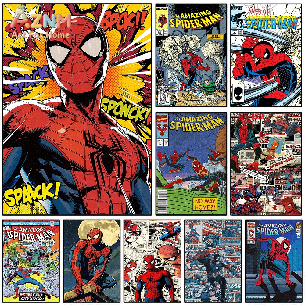 AZNM Spiderman Pop Burst Comic Canvas Wall Print, Retro Superhero Action Speech Bubble Art Poster, Unframed Canvas Painting fo