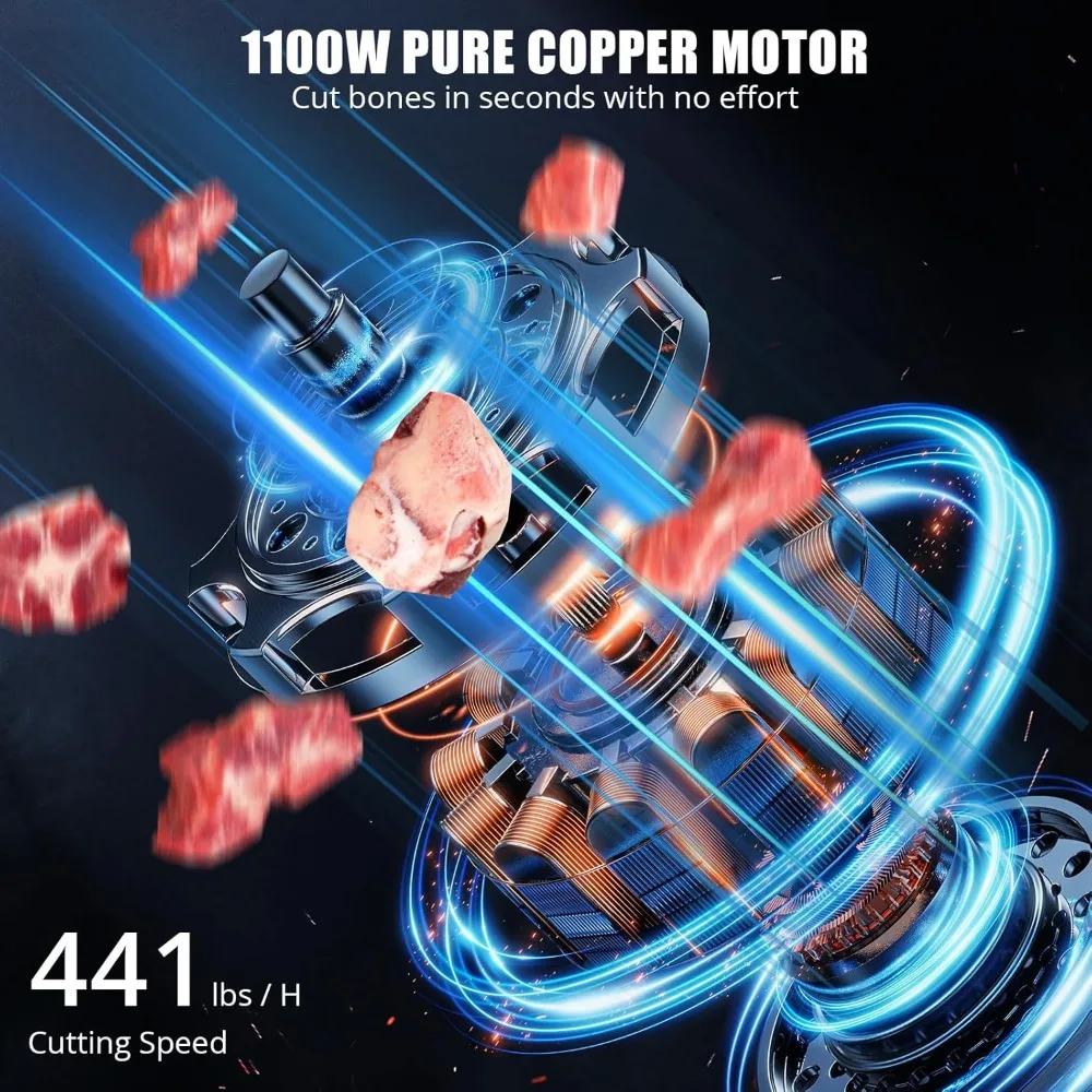 Máquina elétrica de corte de carne e ossos, serra poderosa de 1100 W, lâmina de 19,3 x 15 polegadas, espessura de 0,16 a 7,9 polegadas, inclui 5 lâminas, identificação