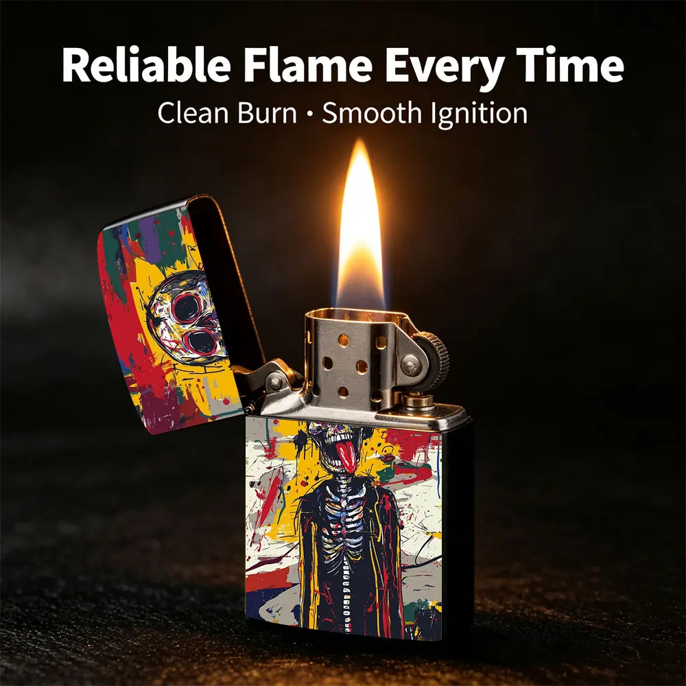 Pocket Lighter, Skeleton with Red Tongue Print, Flip-Top Windproof Design, Metal Case, Comfortable Grip, Refillable, Cool Trendy Gift