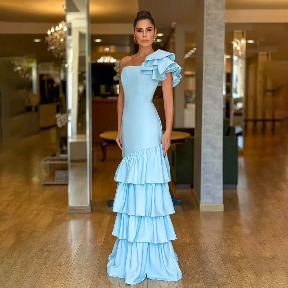 

Customized High Quality Sleeveless One Shoulder Floor Length Tiered Strapless A-line Blue Women Formal Dress Women Elegant