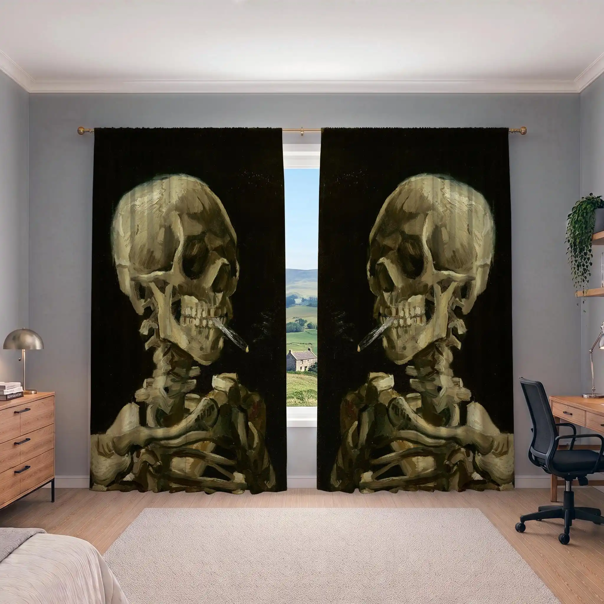 Gothic Skeleton Art Pair Curtains for Living Room Halloween Spooky Decor Window Panels