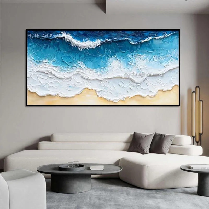 New Design Handmade Oil Artwork, Horizontal Ocean Shore Canvas Painting, Textured Coastal Home Wall Decor