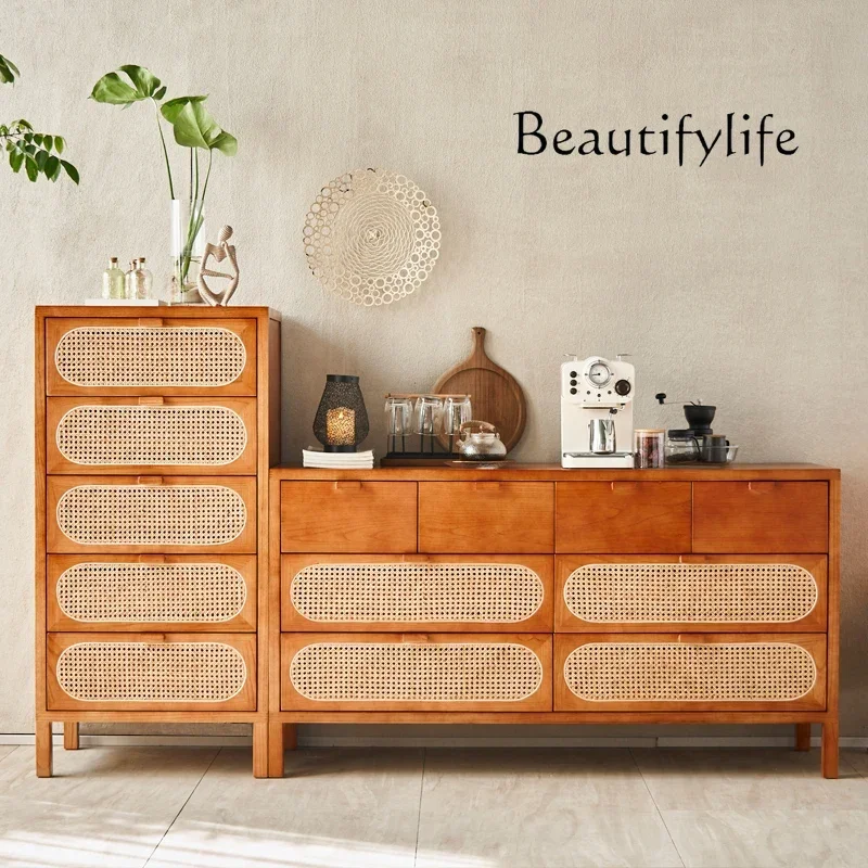 Ash wood chest of drawers Nordic modern simple rattan drawer storage cabinet Homestay solid wood locker