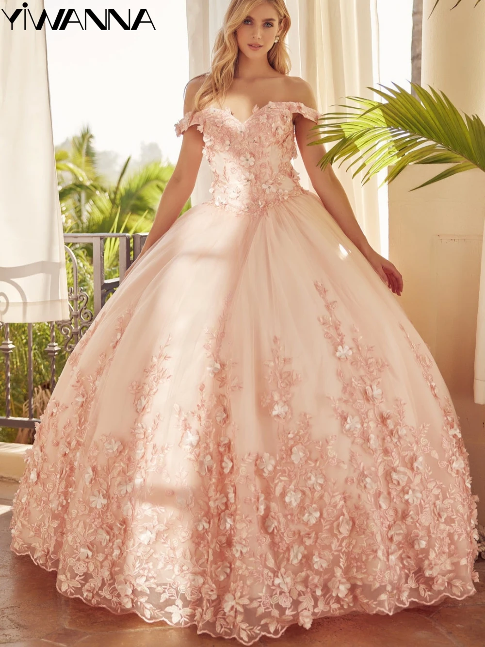 Gaun Prom bunga 3D applique menawan gaun panjang bahu terbuka putri panjang merah muda manis 16 Vestidos