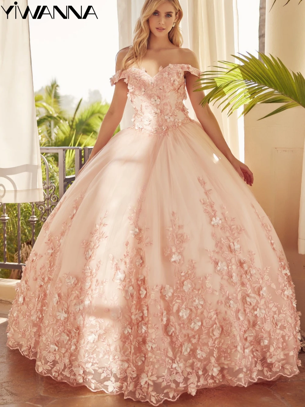 Charming Appliques 3D ดอกไม้ Quinceanrra ชุดราตรี Elegant ปิดไหล่เจ้าหญิงยาวสีชมพูหวาน 16 ชุด Vestidos