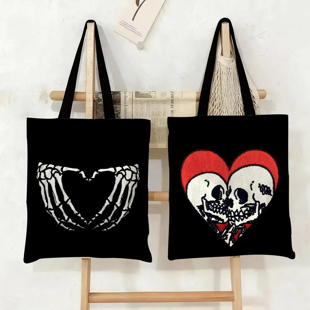 

Cool Skull Heart Storage Bags Canvas Double-Sided Print Daily Shoulder Commute Shopping Bag Trendy Folding Handbag