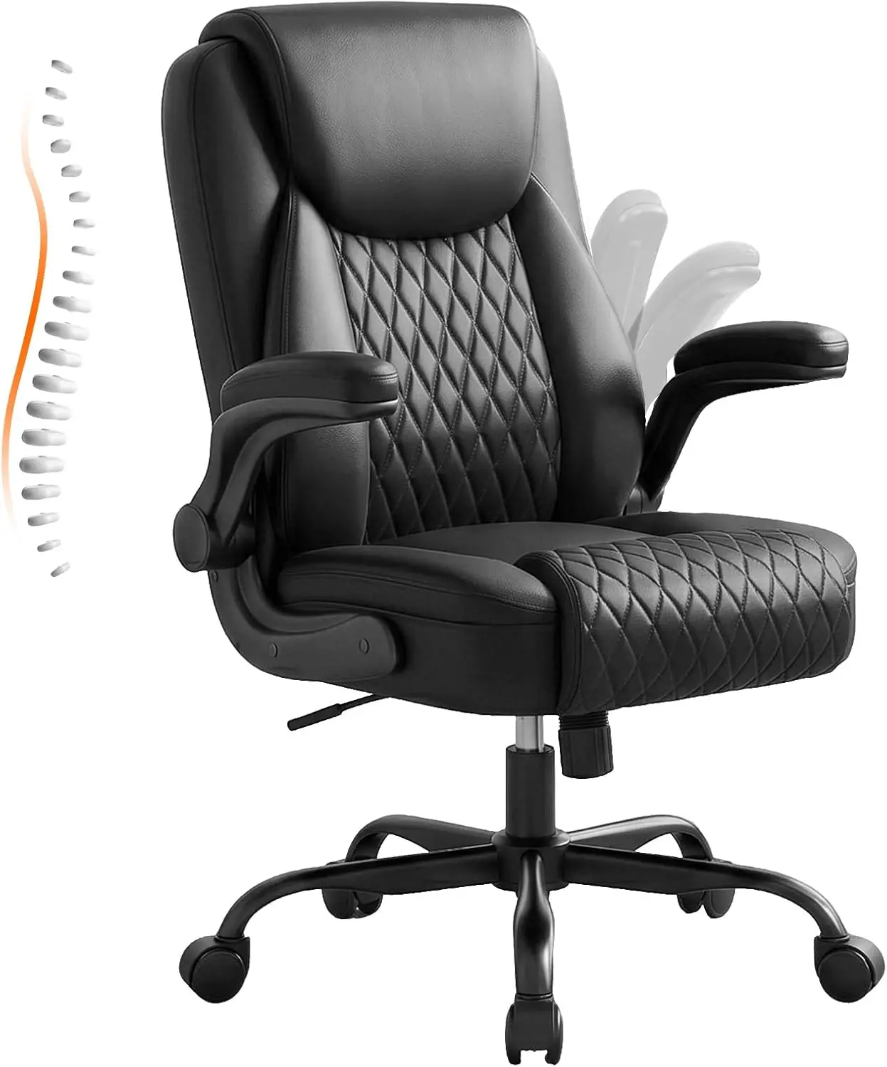 PU Leather Office Chair, Home Desk Chair with Flip-up Arms, Black Ergonomic Back, Memory Foam Cushion, Comfy Executive Chair for Home Office Gaming, Flexible Rocking, Heavy Duty Chairs