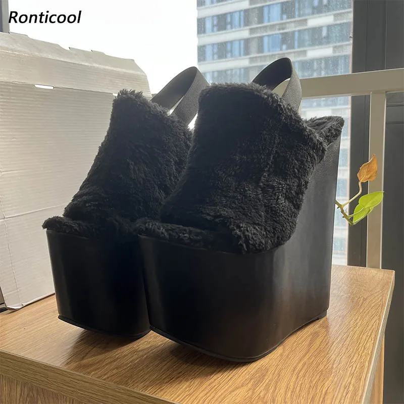 

Ronticool Handmade Black Faux Fur Platform Sandals - Wedge Heels - Peep Toe - Ankle Strap - Chunky Platform Sole Size 35-47